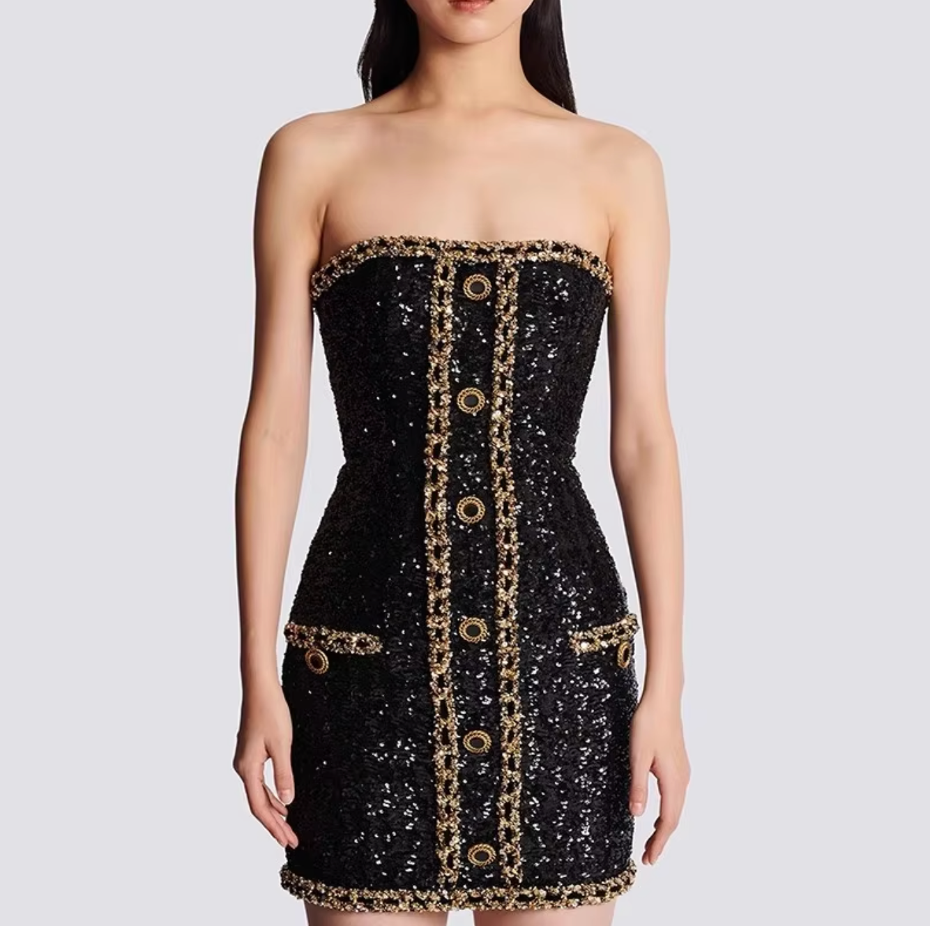 Sequin Mini Dress | Polyester | Gold Chain Detail & Strapless Fit