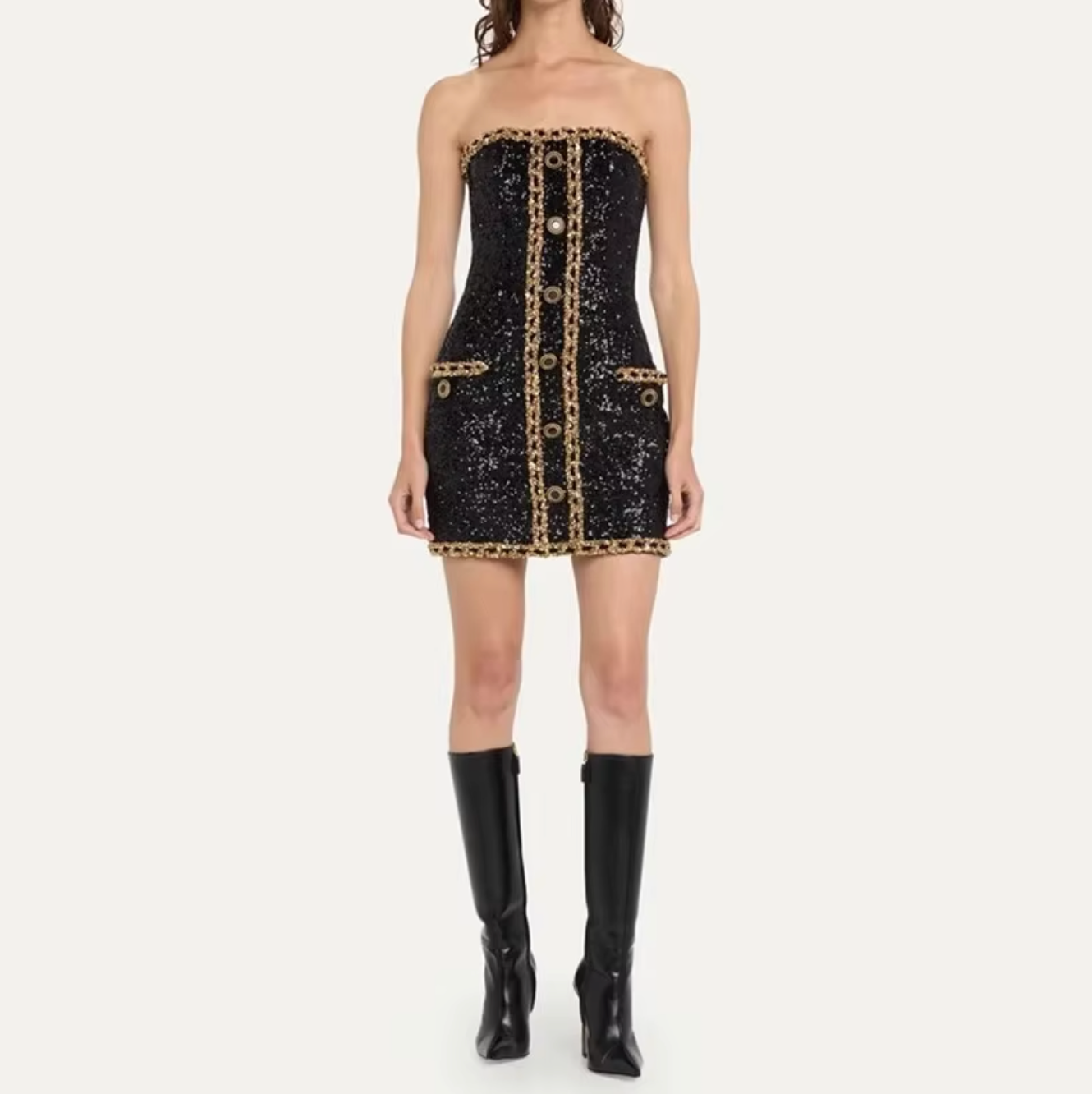 Sequin Mini Dress | Polyester | Gold Chain Detail & Strapless Fit