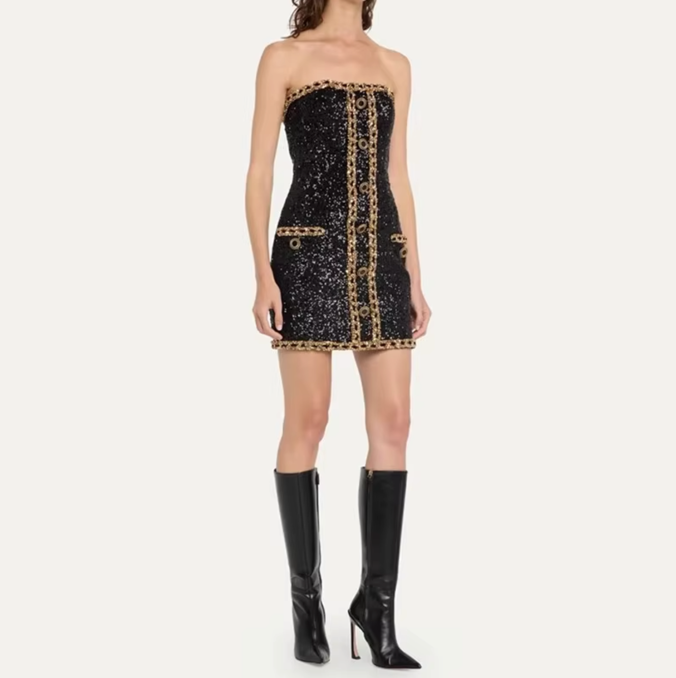 Sequin Mini Dress | Polyester | Gold Chain Detail & Strapless Fit