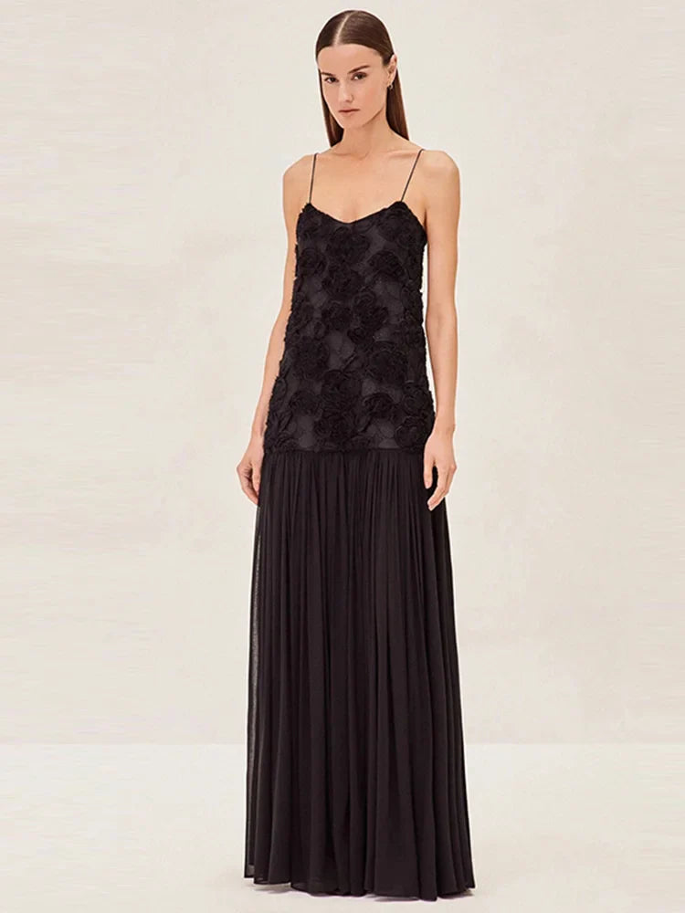 Floral Appliqué Pleated Maxi Dress | Elegant & Romantic | Perfect for Formal Events