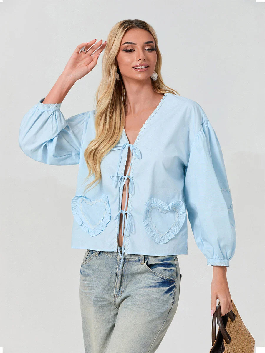 Satin Bow-Tie Jacket | Polyester Blend | Balloon Sleeve Design