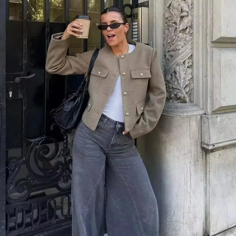 Cropped Military-Inspired Jacket | Tailored Chic | Gold Button Detail