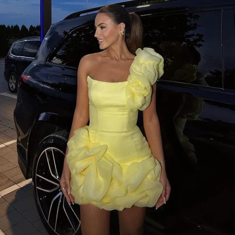 One-Shoulder Ruffle Mini Dress | Bold & Glamorous | Organza Elegance
