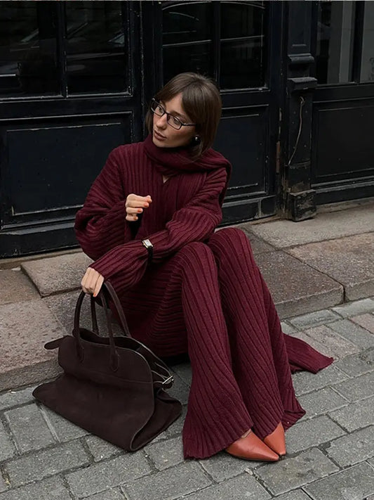Ribbed Knit Co-ord Set | Turtleneck & Wide-Leg Pants | Chic & Cozy