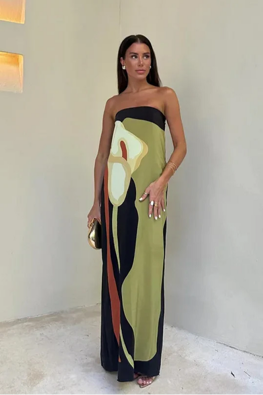 Abstract Print Maxi Dress | Strapless | Statement Style