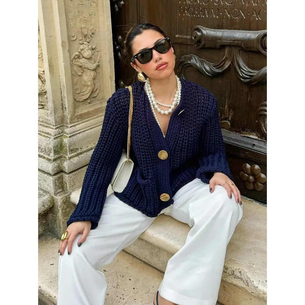 Navy Tweed Knit Cardigan | Gold Button Detail | Parisian Chic