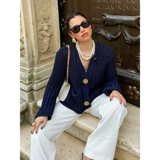 Navy Tweed Knit Cardigan | Gold Button Detail | Parisian Chic