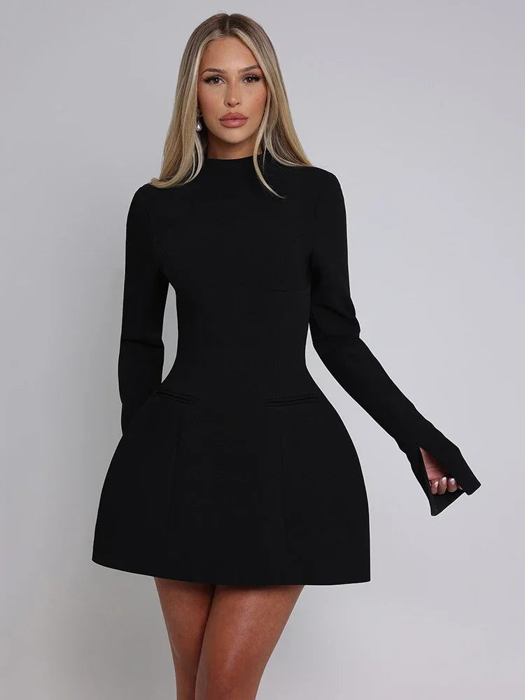 High-Neck A-Line Mini Dress | Structured Fit | Timeless Elegance