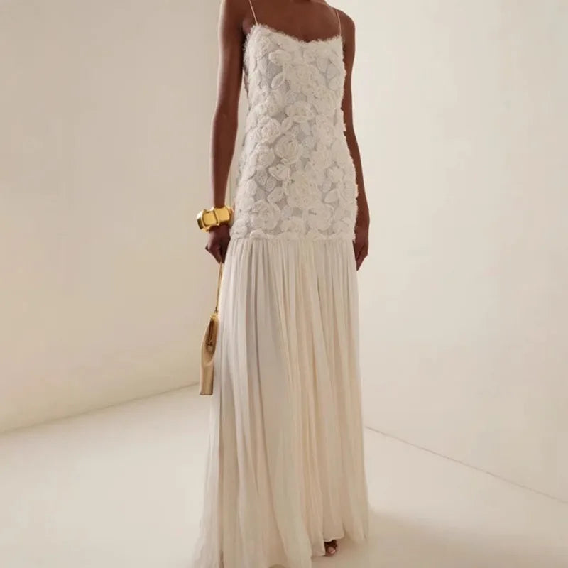 Floral Appliqué Pleated Maxi Dress | Elegant & Romantic | Perfect for Formal Events