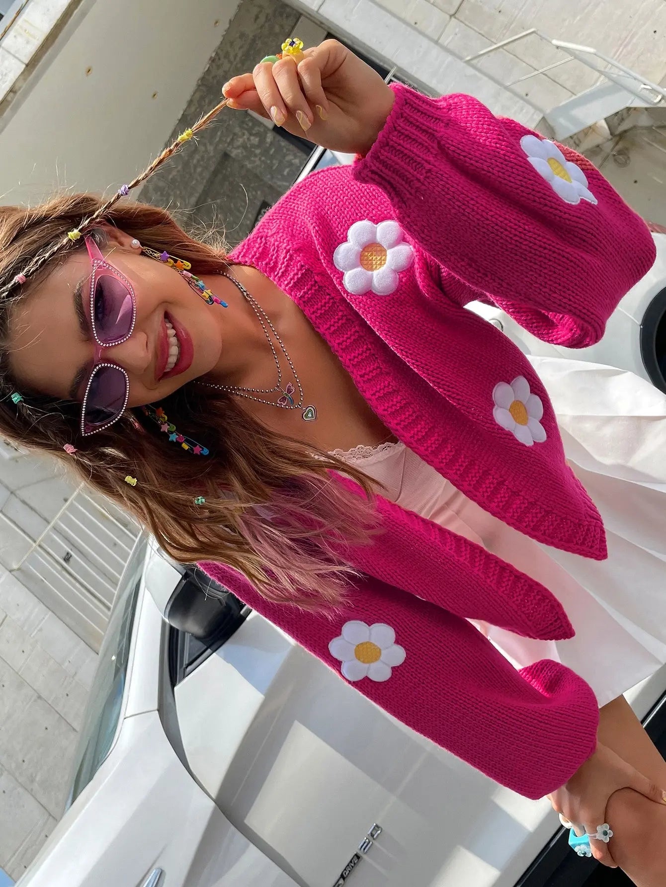 Floral Knit Cardigan | Acrylic Blend | Oversized with Daisy Embroidery