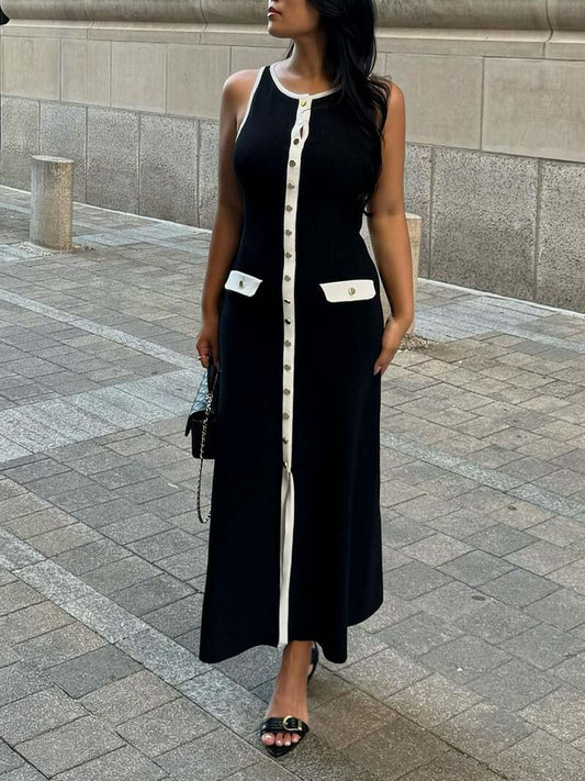 Sleeveless Knit Midi Dress | Gold Button Detail | Polished & Timeless