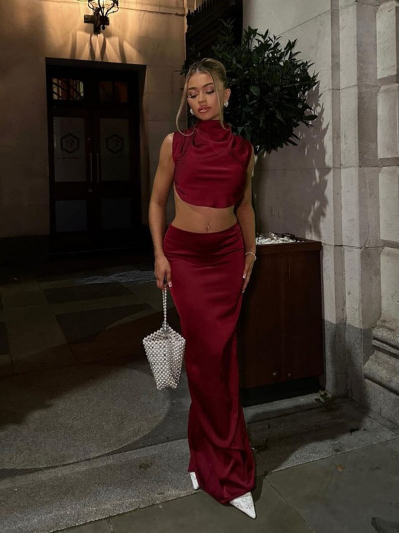 Satin Two-Piece Set | High-Neck Crop & Maxi Skirt | Elegant & Sleek