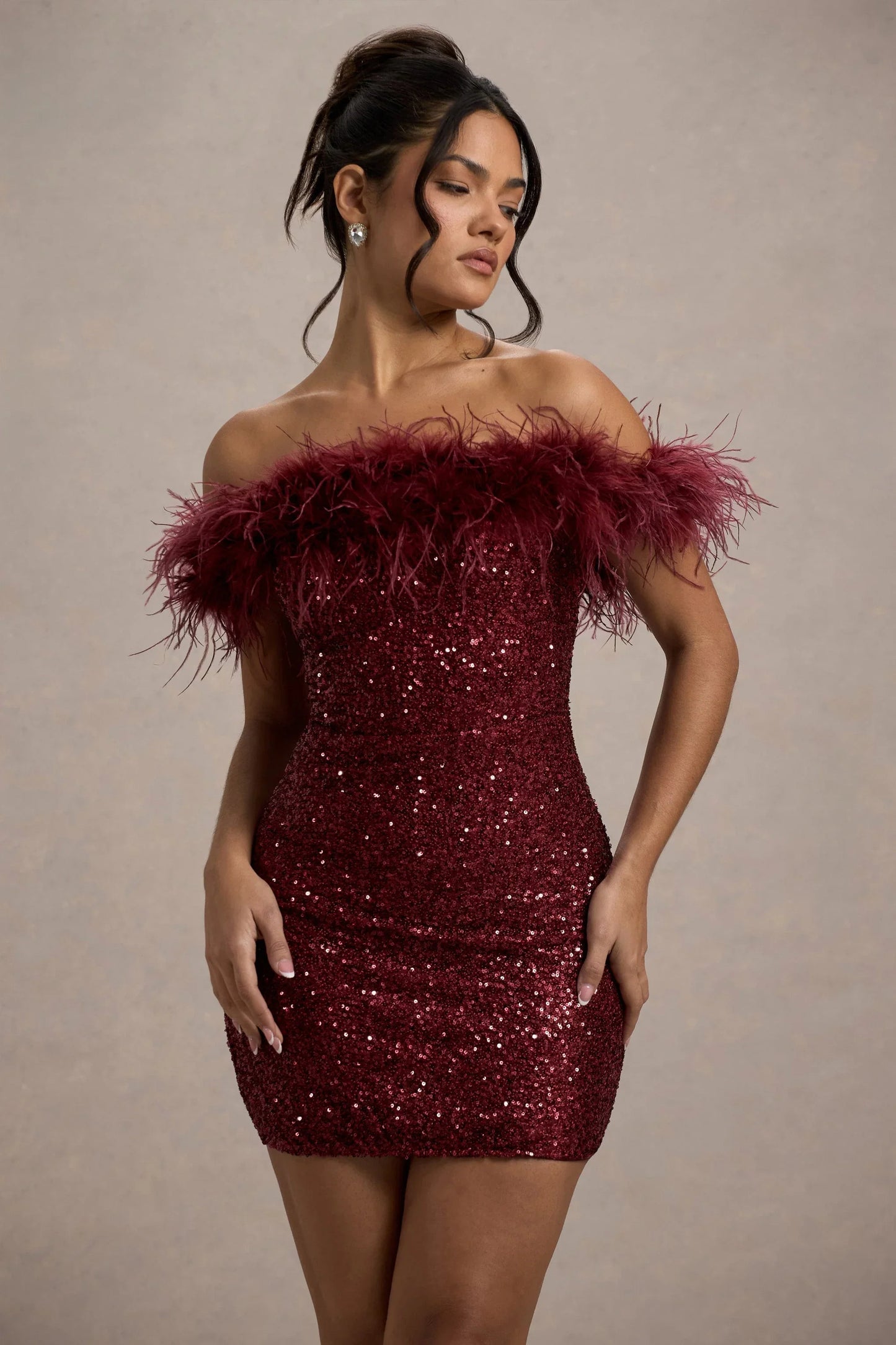 Sequin Feather Trim Mini Dress | Off-Shoulder Glam | Dazzling & Chic
