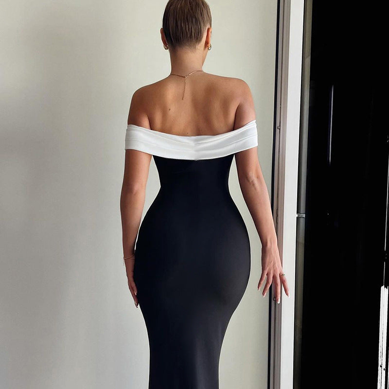 Off-Shoulder Gown | Polyester | Colorblock & Fold-Over Neckline
