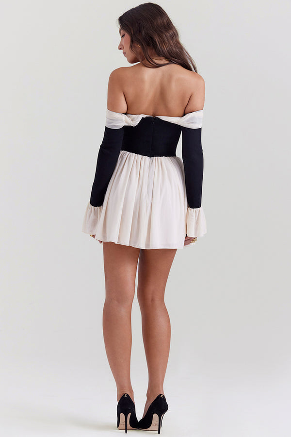 Off-Shoulder Bow Mini Dress | Contrast Sleeves | Chic & Feminine