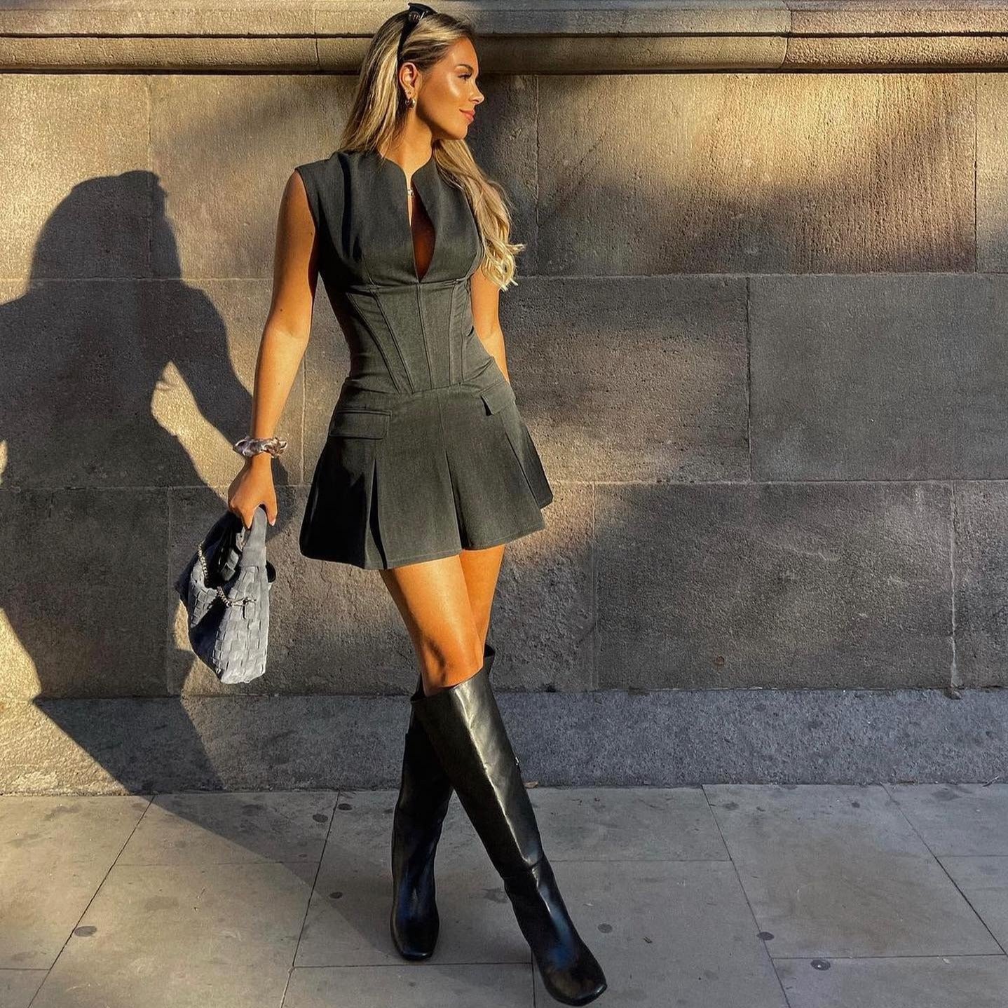 Sleeveless Pleated Mini Dress | Sporty Chic | Zip-Up Design