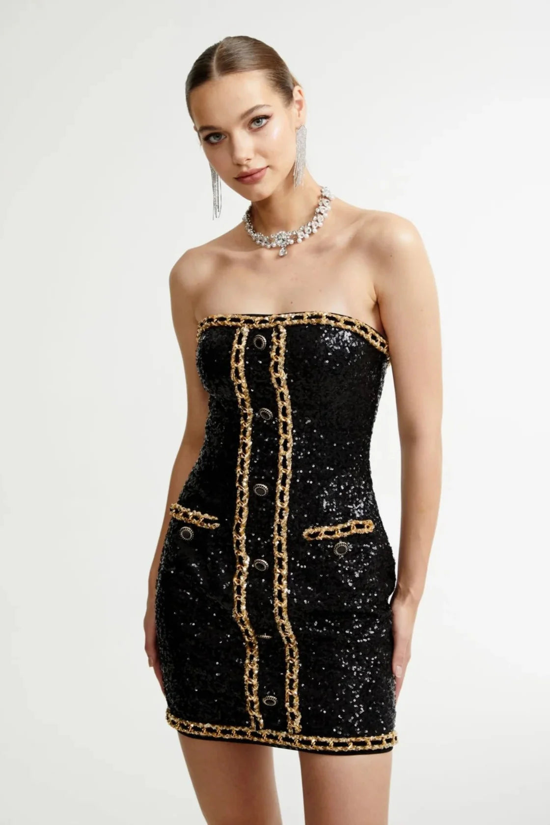 Sequin Mini Dress | Polyester | Gold Chain Detail & Strapless Fit