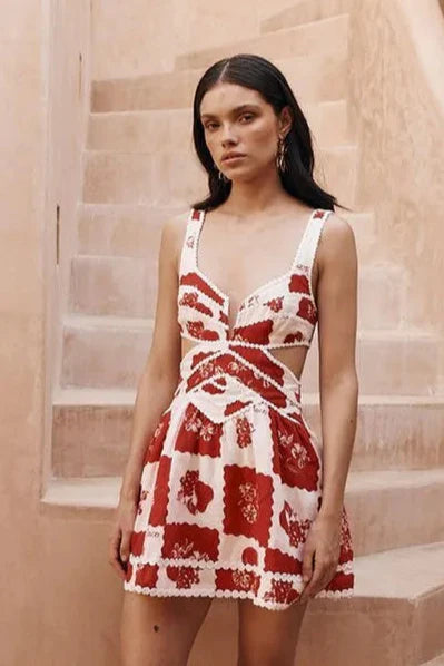 Printed Mini Dress | Cotton Blend | Strappy Back Detail