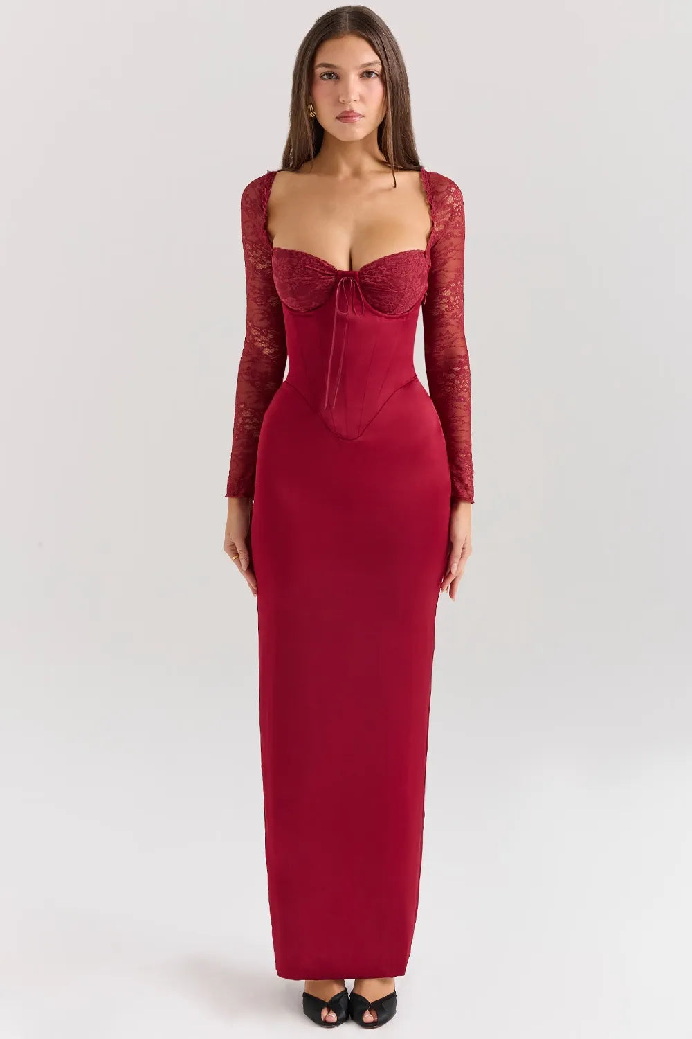 Velvet Evening Gown | Lace Sleeves | Elegant & Sophisticated