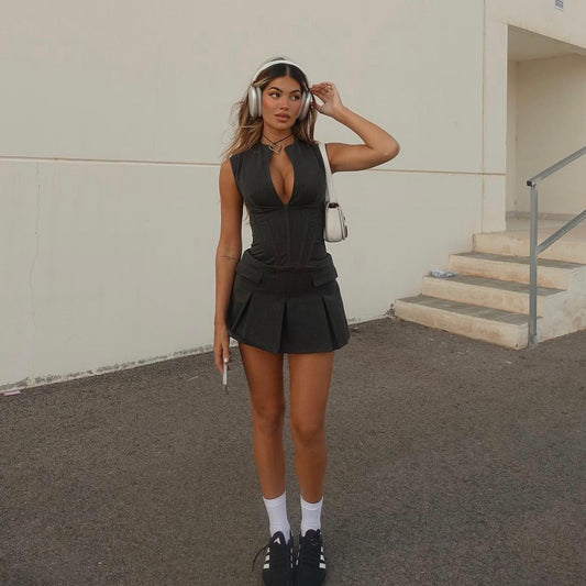 Sleeveless Pleated Mini Dress | Sporty Chic | Zip-Up Design